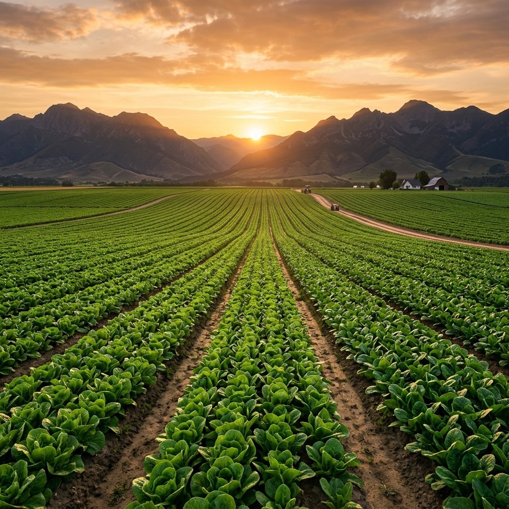 Farm field at golden sunset